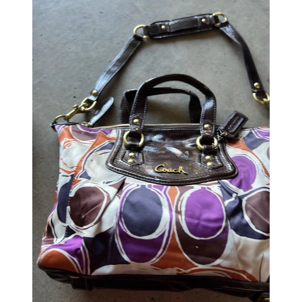 Vintage COACH Ashley Scarf C's Print LARGE Satchel Purse Bag Orange Purple - Picture 2 of 14